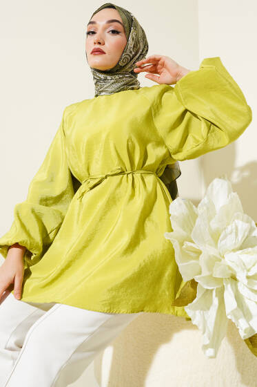 Reglan Balon Kol İp Kuşaklı Tunik Fıstık Yeşili - Tunik