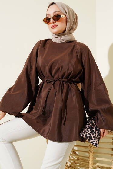 Reglan Balon Kol İp Kuşaklı Tunik Kahve - Tunik