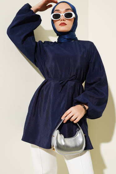 Reglan Balon Kol İp Kuşaklı Tunik Lacivert - Tunik