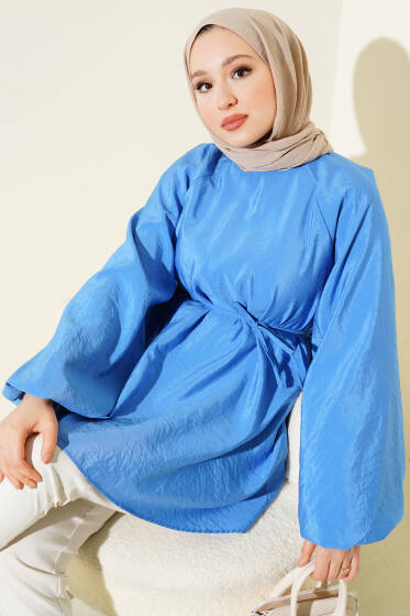 Reglan Balon Kol İp Kuşaklı Tunik Mavi - Tunik