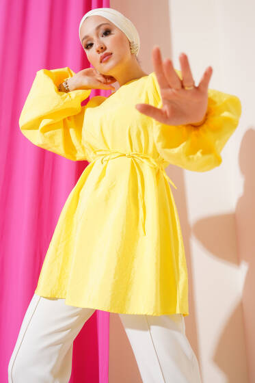 Reglan Balon Kol İp Kuşaklı Tunik Sarı - Tunik