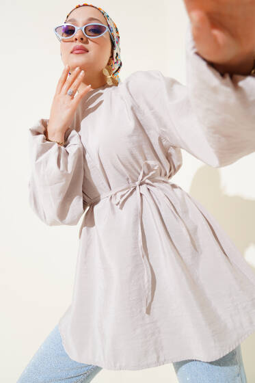 Reglan Balon Kol İp Kuşaklı Tunik Taş - Tunik