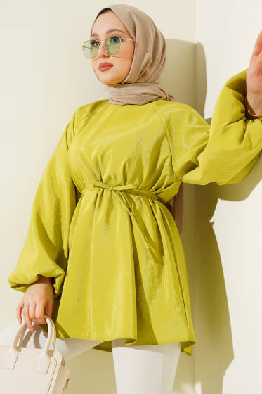 Reglan Balon Kol İp Kuşaklı Tunik Yağ Yeşili - Tunik
