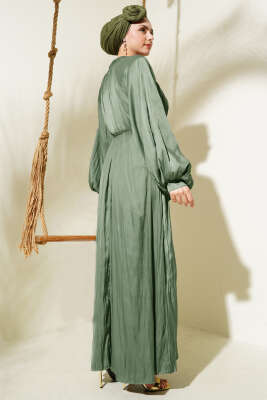 Reglan Balon Kol Kırışık Saten Elbise Haki - Tesettür Elbise