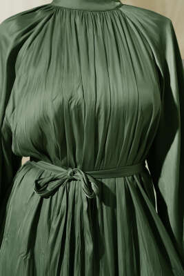 Reglan Balon Kol Kırışık Saten Elbise Haki - Tesettür Elbise