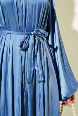 Reglan Balon Kol Kırışık Saten Elbise Mavi - Tesettür Elbise