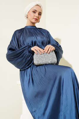 Reglan Balon Kol Kırışık Saten Elbise Petrol - Tesettür Elbise