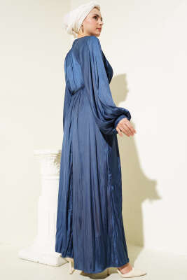 Reglan Balon Kol Kırışık Saten Elbise Petrol - Tesettür Elbise
