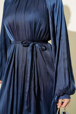 Reglan Balon Kol Kırışık Saten Elbise Petrol - Tesettür Elbise