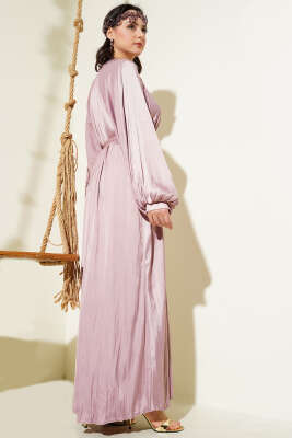 Reglan Balon Kol Kırışık Saten Elbise Pudra - Tesettür Elbise