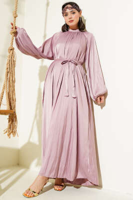 Reglan Balon Kol Kırışık Saten Elbise Pudra - Tesettür Elbise