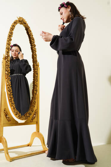 Reglan Kol Zincir Kuşaklı Elbise Antrasit - Elbise