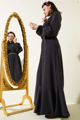 Reglan Kol Zincir Kuşaklı Elbise Antrasit 