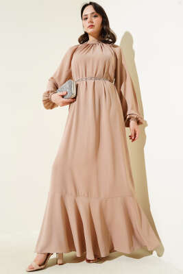 Reglan Kol Zincir Kuşaklı Elbise Bej 