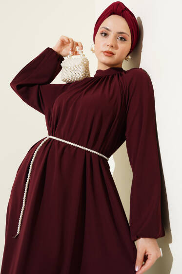 Reglan Kol Zincir Kuşaklı Elbise Bordo - Elbise