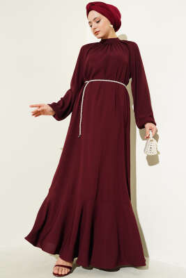 Reglan Kol Zincir Kuşaklı Elbise Bordo - Tesettür Elbise