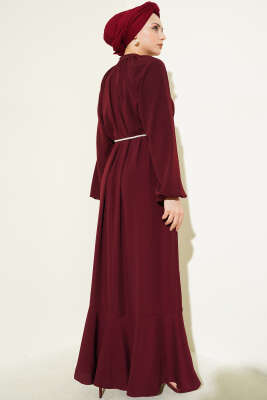 Reglan Kol Zincir Kuşaklı Elbise Bordo - Tesettür Elbise