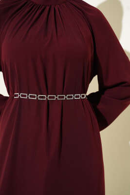 Reglan Kol Zincir Kuşaklı Elbise Bordo - Tesettür Elbise