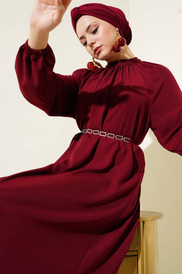 Reglan Kol Zincir Kuşaklı Elbise Burgonya - Elbise