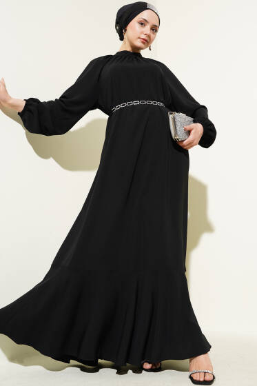 Reglan Kol Zincir Kuşaklı Elbise Siyah - Elbise
