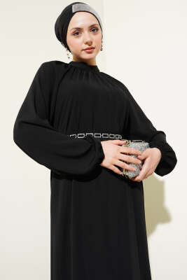 Reglan Kol Zincir Kuşaklı Elbise Siyah - Tesettür Elbise