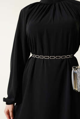 Reglan Kol Zincir Kuşaklı Elbise Siyah - Tesettür Elbise