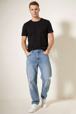 Regular Fit Bol Erkek Kot Pantolon Açık Mavi - Erkek Pantolon