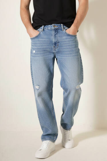 Regular Fit Bol Erkek Kot Pantolon Açık Mavi - Erkek Pantolon