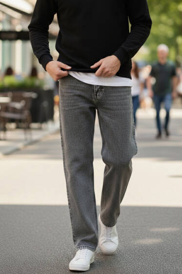 Regular Fit Boru Paça Erkek Kot Pantolon Gri - Erkek Pantolon