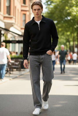 Regular Fit Boru Paça Erkek Kot Pantolon Gri - Erkek Pantolon