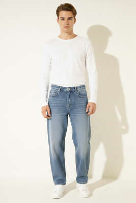 Regular Fit Düğmeli Erkek Kot Pantolon Mavi - Erkek Pantolon