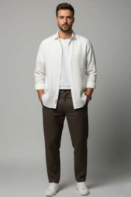 Regular Fit Erkek Keten Gömlek Beyaz - Erkek Gömlek