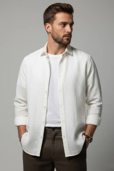 Regular Fit Erkek Keten Gömlek Beyaz - Erkek Gömlek