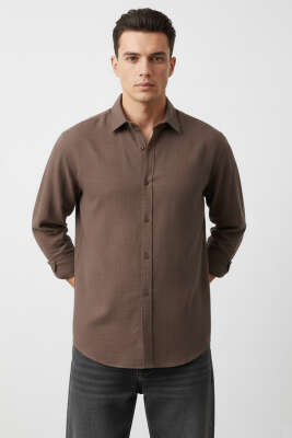 Regular Fit Erkek Keten Gömlek Kahve - GAVAZZİ