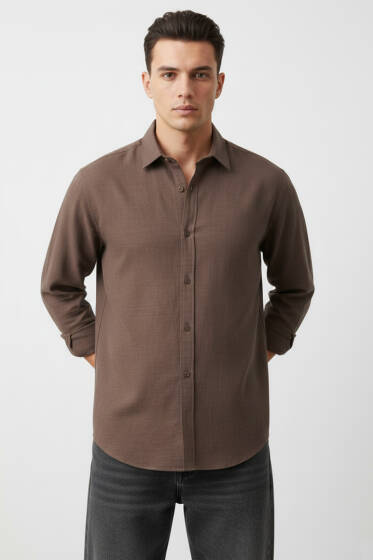 Regular Fit Erkek Keten Gömlek Kahve - Erkek Gömlek