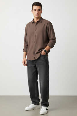 Regular Fit Erkek Keten Gömlek Kahve - Erkek Gömlek