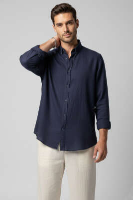 Regular Fit Erkek Keten Gömlek Lacivert - GAVAZZİ