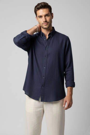 Regular Fit Erkek Keten Gömlek Lacivert - Erkek Gömlek