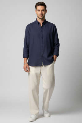 Regular Fit Erkek Keten Gömlek Lacivert - Erkek Gömlek