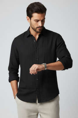 Regular Fit Erkek Keten Gömlek Siyah - GAVAZZİ