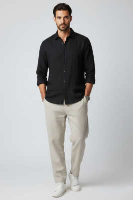 Regular Fit Erkek Keten Gömlek Siyah - Erkek Gömlek