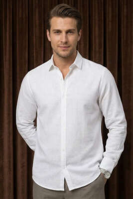 Regular Fit Keten Erkek Gömlek Beyaz - GAVAZZİ