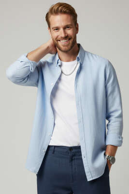 Regular Fit Keten Erkek Gömlek Mavi - GAVAZZİ