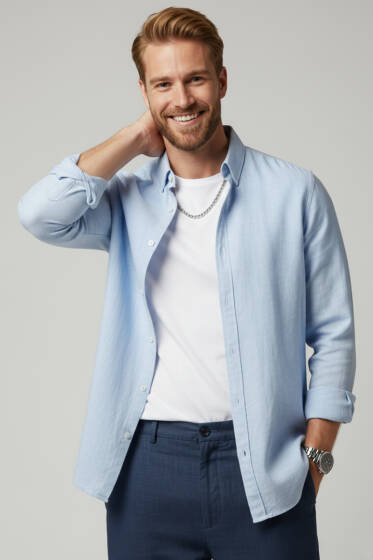 Regular Fit Keten Erkek Gömlek Mavi - Erkek Gömlek