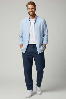 Regular Fit Keten Erkek Gömlek Mavi - Erkek Gömlek