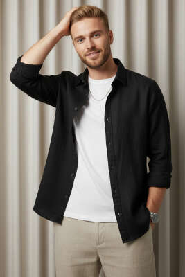 Regular Fit Keten Erkek Gömlek Siyah - GAVAZZİ