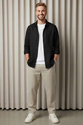 Regular Fit Keten Erkek Gömlek Siyah - Erkek Gömlek