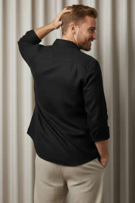 Regular Fit Keten Erkek Gömlek Siyah - Erkek Gömlek