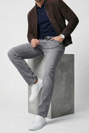Regular Fit Kot Erkek Likrali Pantolon Gri - Erkek Pantolon