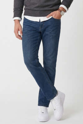 Regular Fit Likralı Cepli Erkek Kot Pantolon Koyu Mavi 